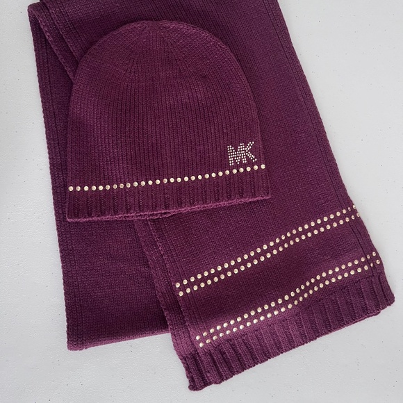 Michael Kors Burgundy Studded Stripe with Logo Detail Hat & Scarf Set - Picture 9 of 10